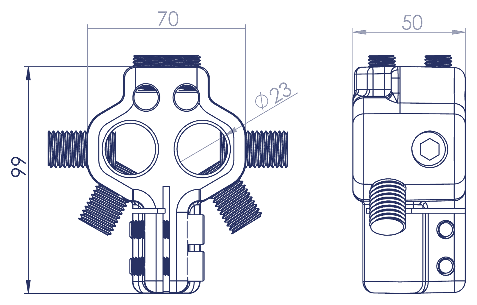 Rysunek techniczny zacisku TOC-1: widok z przodu 70 × 99 mm, gniazda Ø23, widok z boku 50 mm